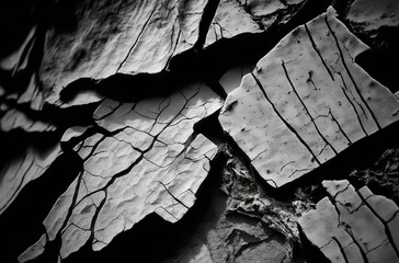Black and white rock texture broken by layers and cracks. Rough grunge abstract background. 3D rendering. Generative AI.