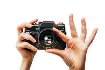 Vintage camera in female hand on white background. Minimalistic still life. Concept art Aberrations - 563016646