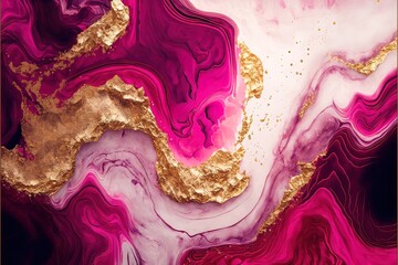 Magenta and gold fluid fluid abstract luxury background. Mixing purple paint with gold and precious stones, stone cut, marble stains and smooth lines.