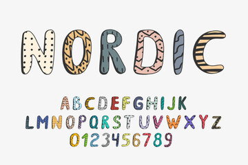Vector illustration. Hand drawn doodle 3d outline font. Fun simple alphabet. Scandinavian style. Hand drawn line pattern. Design for posters, magazines, printings, web banners, flyer,