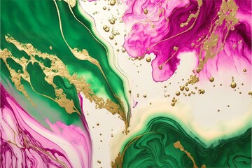 Magenta and gold and green fluid fluid abstract luxury background. Mixing purple and green paint with gold and precious stones, stone cut, marble stains and smooth lines.
