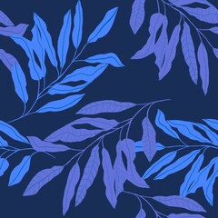 Hand Drawn Blue Branch with Leaves Seamless Pattern. Tropical Forest background. Trendy illustration