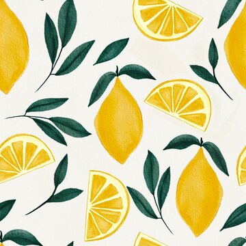 Watercolor Lemon Fruit with Branches. Hand Drawn Tropical Citrus Seamless Pattern. Nature Organic Wallpaper. Juicy Illustration