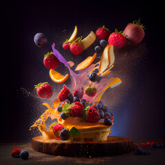 Fototapeta na wymiar Fruits and berries falling on cake, created with Generative AI technology.