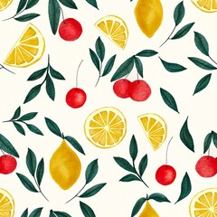 Сontemporary Trendy Fruits Lemon and Cherry, seamless pattern. Design for fashion, fabric, textile, wallpaper, cover, card, web, backdrop , wrapping, print