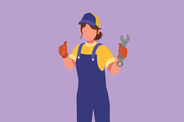 Cartoon flat style drawing attractive female mechanic holding wrench with thumbs up gesture and ready to perform maintenance on the vehicle engine or transportation. Graphic design vector illustration