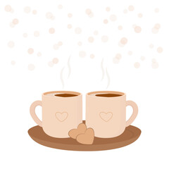 Valentines day cacao two cups using tray with hearts and cookies