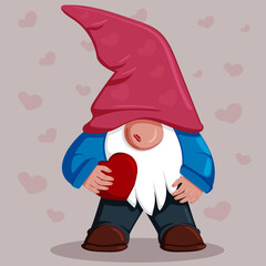 Romantic Gnome With Heart. Vector isolated flat character on the background with heats. Illustration for Valentine Day