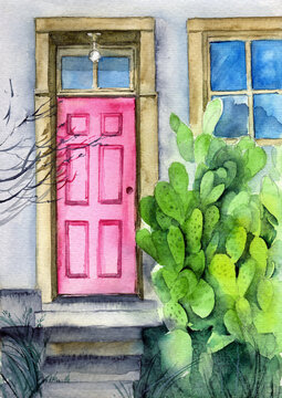 Watercolor illustration of the facade of an old house with a pink wooden door, stone steps and a large green cactus at the door
