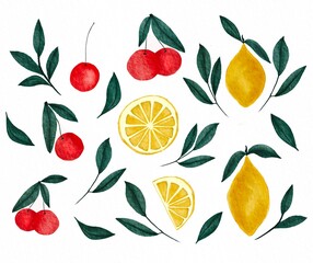 Watercolor Tropical Lemons and Cherries Illustration. Hand Pained Fruit Isolated. Natural Lemons and Branch with leaves