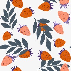 Colourful cute strawberry fruits seamless pattern. Hand drawn doodle wild strawberry wallpaper textured. Illustration