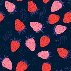 Colourful cute strawberry fruits seamless pattern on deep blue background. Hand drawn doodle wild strawberry wallpaper textured. Illustration