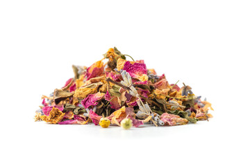 tea pile of lavender, chamomile, rose petals, mint on white background.