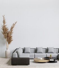big white living room.interior design,gray sofa,lamp,wooden table,carpet wall for mock up and copy space