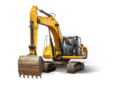 Crawler excavator isolated on white background. Powerful excavator with an extended bucket close-up. Construction equipment for earthworks. element for design.
