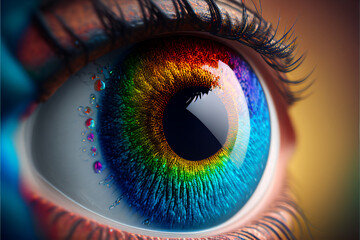 Eyes with Bright Iris, Beautiful Rainbow Woman Eye, Generative AI Illustration