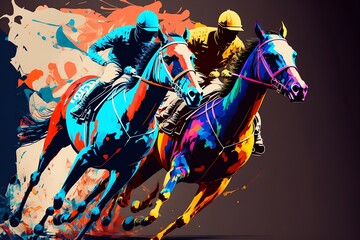 courses hippique, chevaux et jockey stylisé en peinture moderne - illustration ia - obrazy, fototapety, plakaty