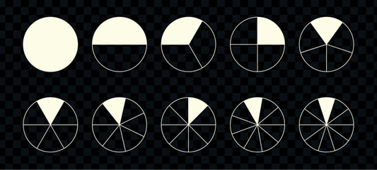 Fractions pie divided for math. Circle pie with pieces. Segment slice set. Simple geometry. Vector isolated illustration