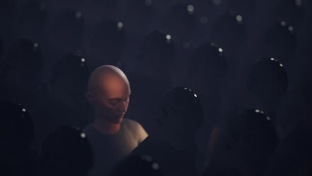 hide your personality, concept. Rows of identical sad people, among them a highlighted personality, makes a shhh gesture. 3D rendering, visualization