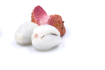 Fresh ripe lychees on white background.