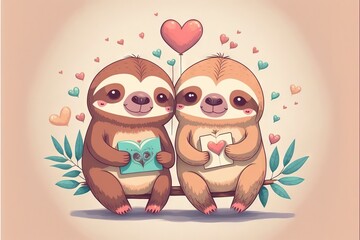 Cute Sloths couple valentines day card generative ai
