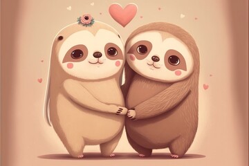 Obraz premium Cute Sloths couple valentines day card generative ai