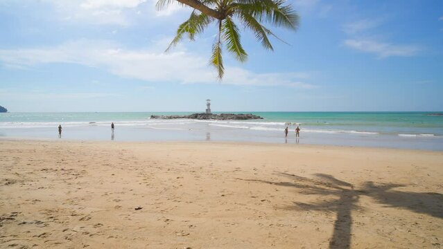 Palm trees. Coconut palm tree. Sun sky clouds. Sand desert. Wave sea. Beach holiday background. 