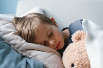 Preschool boy sleeps on the sofa in the living room, hugging his teddy bear.