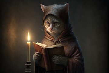 Cat as Medieval priest or monk cartoon character, with book and candle generative ai
