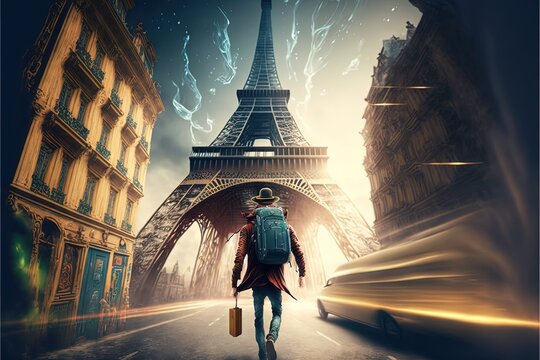 Man teleporting from paris to new york city in lights rays illustration generative ai