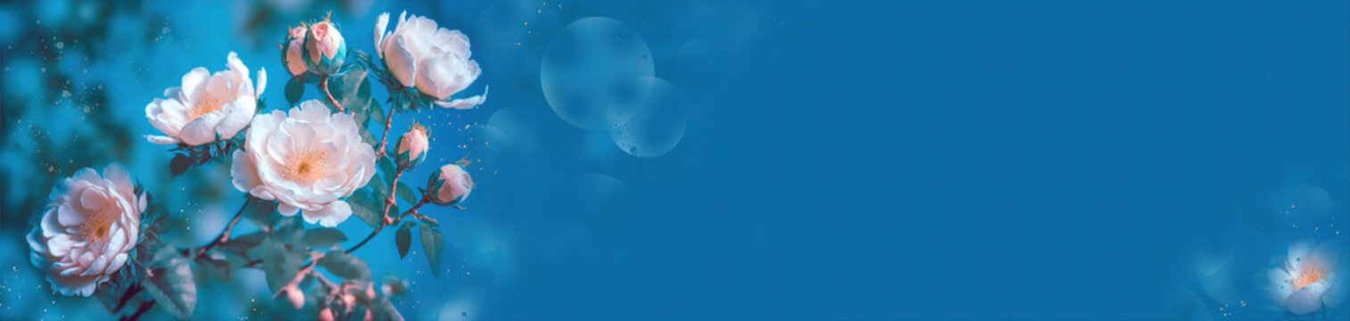 a horizontal blue banner with blooming rose bush hips on  blue sky background, a generative ai spring backdrop