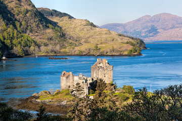 Panorama of Eilean Donan Castle at Kyle of Lochalsh in the Western Highlands of Scotland