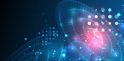 Template for science and technology presentation. Wireframe waves. Plexus style background.