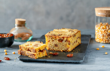 Pan di sorc or corn bread is traditional Italian dish of Friuli region, It is produced with three flours: rye, wheat and corn and filled with raisins and figs.