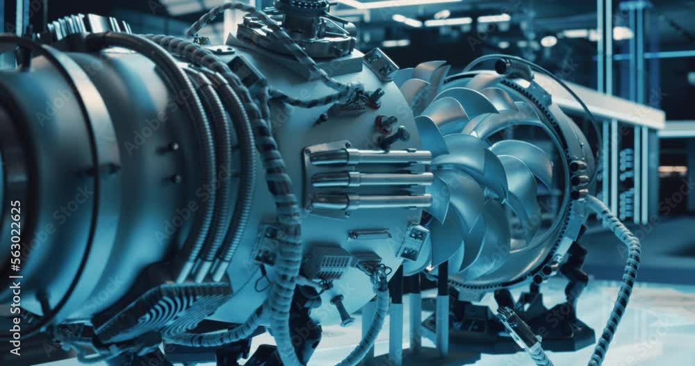 Leinwandbilder Advanced Futuristic Turbine Engine with Multiple Fans, Wires, Connectors. Jet Engine with Stylish Contemporary Design in Technological Silver Color. Project in Development in Research Laboratory