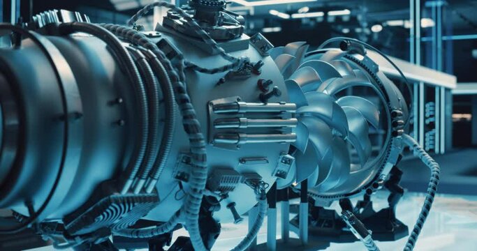 Advanced Futuristic Turbine Engine With Multiple Fans, Wires, Connectors. Jet Engine With Stylish Contemporary Design In Technological Silver Color. Project In Development In Research Laboratory