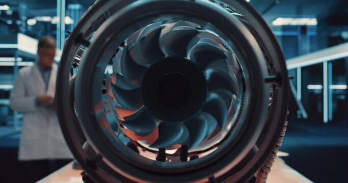 High Tech Prototype Jet Engine in a Technological Startup Facility. Scientist in White Coat Using a Laptop Computer in the Background. Zoom In Shot with Rotating Fan