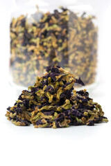 Natural Pure Blue Cornflower Petals.Blue tea with lemongrass and mint. life style images.Cornflower on white background.