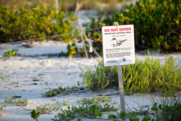 Signboard with warning about nesting area of sea birds on seaside beach with small sand dunes and grassy vegetation on warm summer day