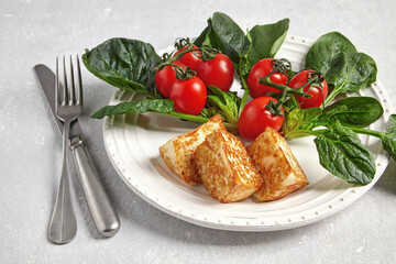 Fried curd cheese mozzarella halloumi with green spinach and cherry tomatoes on a branch with cutlery
