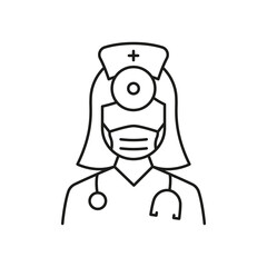 Obraz premium Otolaryngologist Doctor Line Icon. Otolaryngology Medic Staff with Stethoscope, Mirror Linear Pictogram. Ear, Nose, Throat Doctor Outline Icon. Editable Stroke. Isolated Vector Illustration