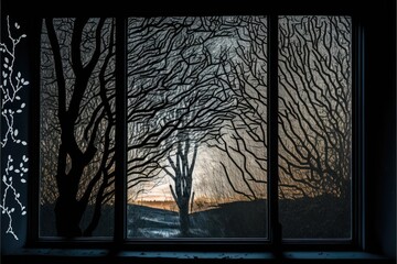 silhouette of a tree in a window , ai generated