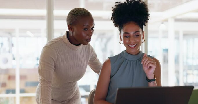 Business, black woman and employee laptop for digital marketing, connection and conversation in workplace. Coworkers, female consultants and discussion for online system, reading and explain process
