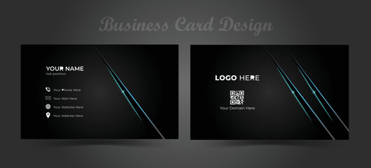 Business card design with dark background, blue light ray effect. Minimalist business card template. Vector illustration and printable visiting card template.