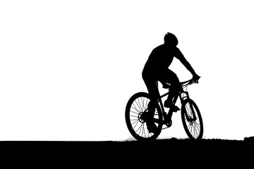 Silhouettes of mountain bikes and cyclists in the evening happily. Travel and fitness concept