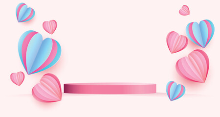 Valentine's day concept background. vector illustration podium decorated with sweet and pink paper cut hearts with Round pedestal. Cute love sale banner or greeting card