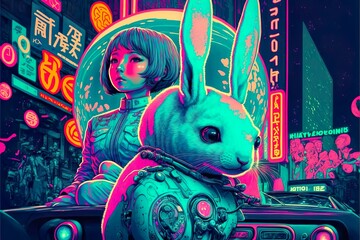 Fun Space Party - A Cartoon Illustration of a Rabbit-Loving Woman with Graffiti-Inspired Art and Colorful Patterns, Celebrating Chinese New Year of the Black Water Rabbit and Easter