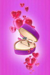 Gift box with a wedding ring on a pink background with hearts. Valentine's day symbol(3d illustration)