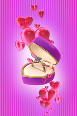 Fototapeta premium Gift box with a wedding ring on a pink background with hearts. Valentine's day symbol(3d illustration)