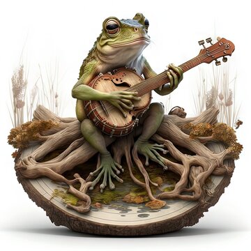 frog playing banjo guitar on a tree